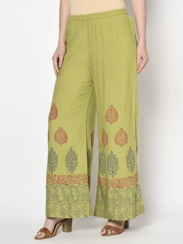 Aniyah Rayon Parrot Green Color Block Print Flared Slip-On Palazzo (AN-196K) | Grab2Buy