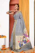 Very Much Indian Handloom Grey Cotton Paithani With Radha Krishna Pallu | Grab2Buy