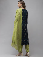 Yufta Women Blue and Green Embroidered Kurta with Trouser and Dupatta Set | Grab2Buy