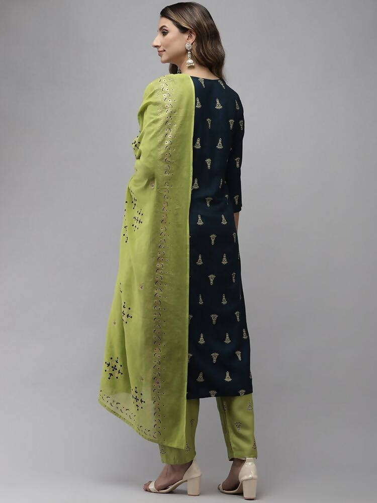 Yufta Women Blue and Green Embroidered Kurta with Trouser and Dupatta Set | Grab2Buy