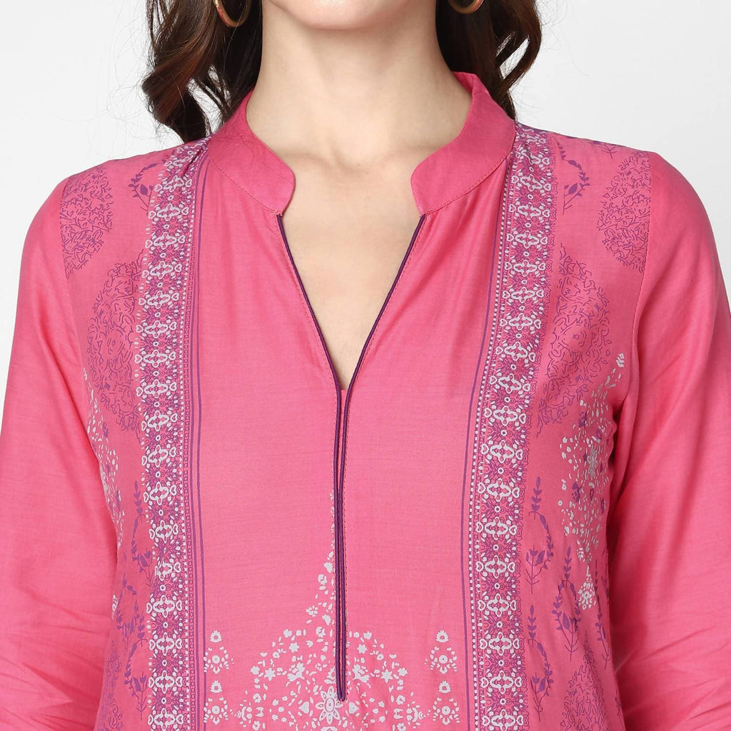 Cheera Hand Block Print Baby Pink Straight Kurta (MAAI-048K) | Grab2Buy