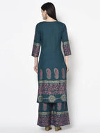 Aniyah Rayon Teal Blue Color Block Print Straight Kurta Palazzo Set (AN-223K) | Grab2Buy
