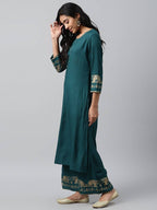 Yufta Women Green And Golden Pure Cotton Solid Kurta with Palazzo and Dupatta | Grab2Buy