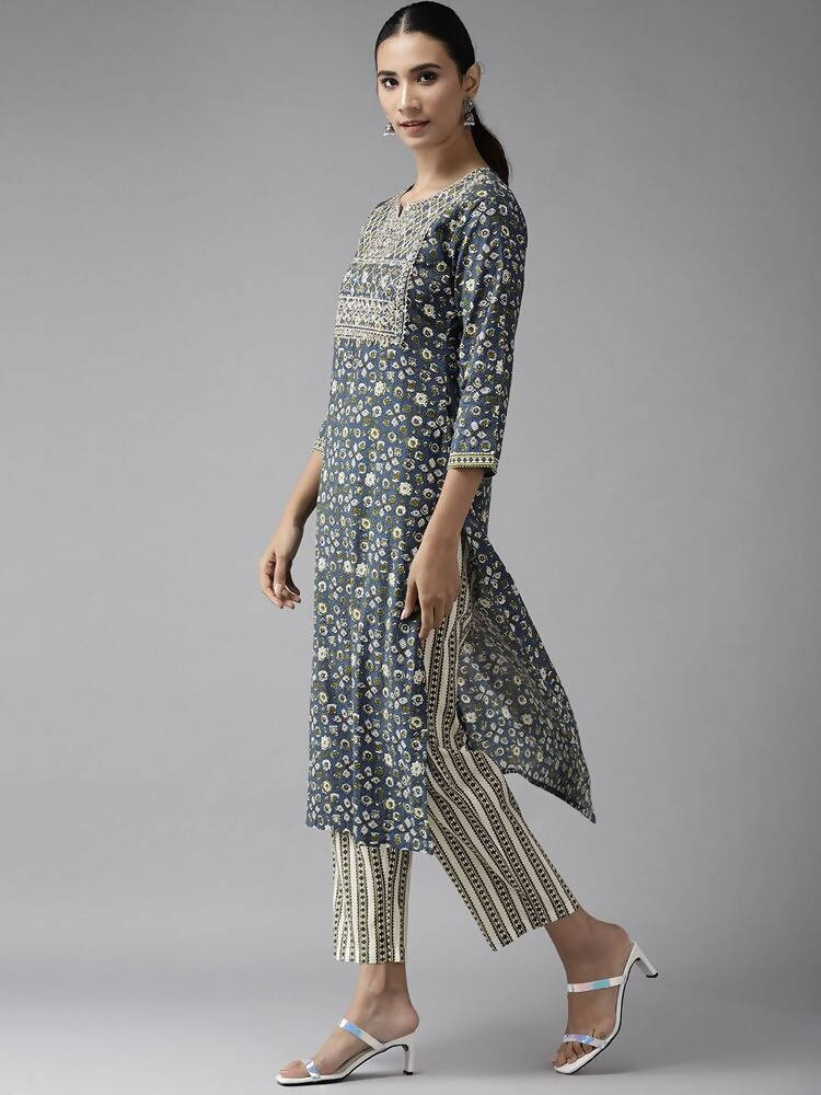 Yufta Blue & Green Printed Embroidered Kurta with Trouser and Dupatta Set | Grab2Buy