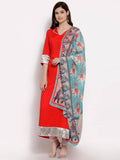 Myshka Women's Red Cotton 3/4 Sleeve V Neck Solid Casual Anarkali Kurta Dupatta Set | Grab2Buy