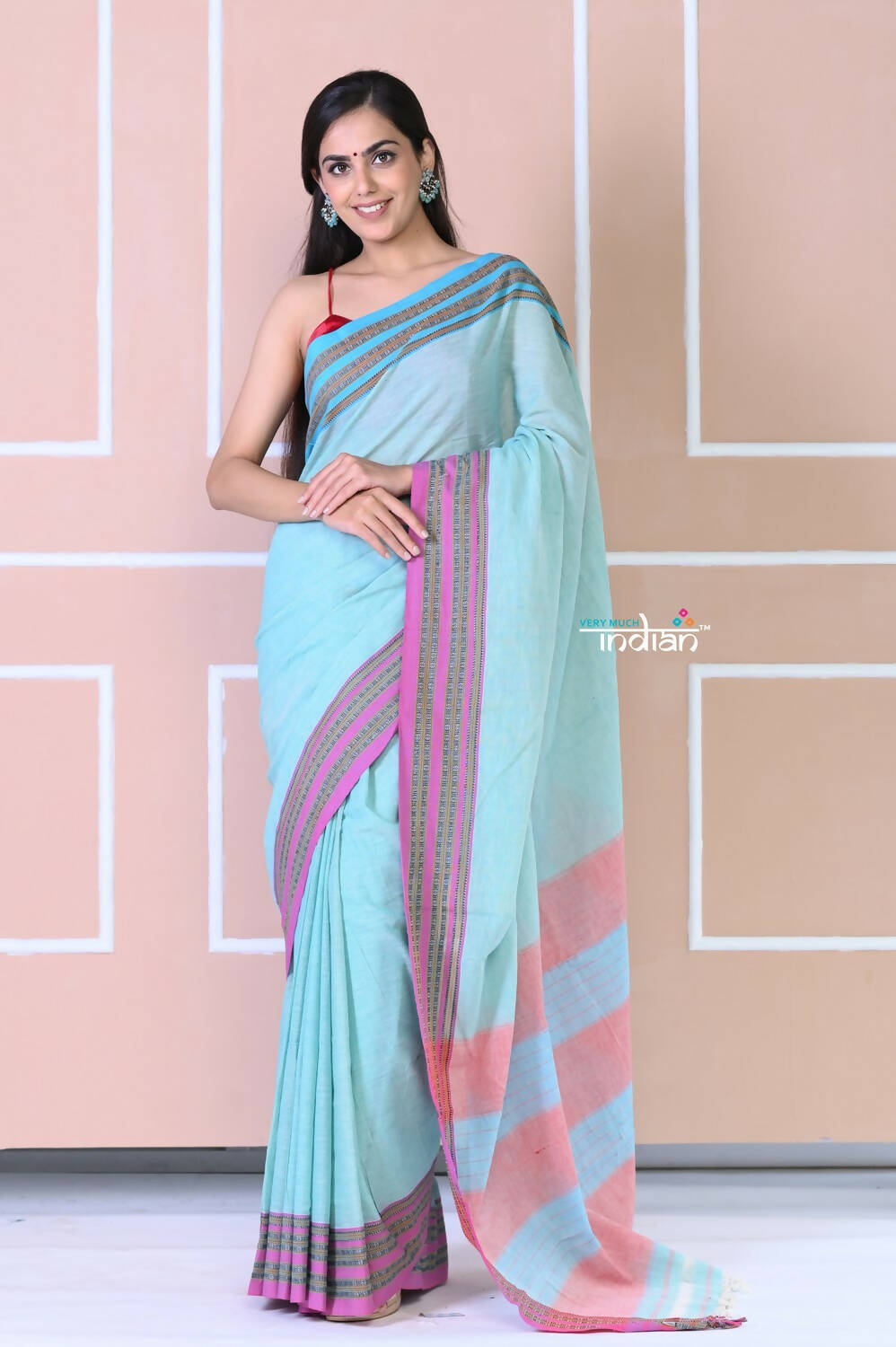 Very Much Indian Traditional Patteda Anchu Ilkal Handloom Saree - Sky Blue | Grab2Buy