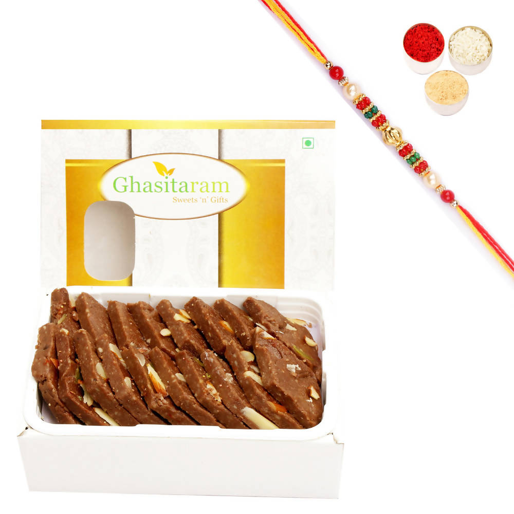 Ghasitaram Chocolate Kaju Katli With Pearl Beads Rakhi | Grab2Buy