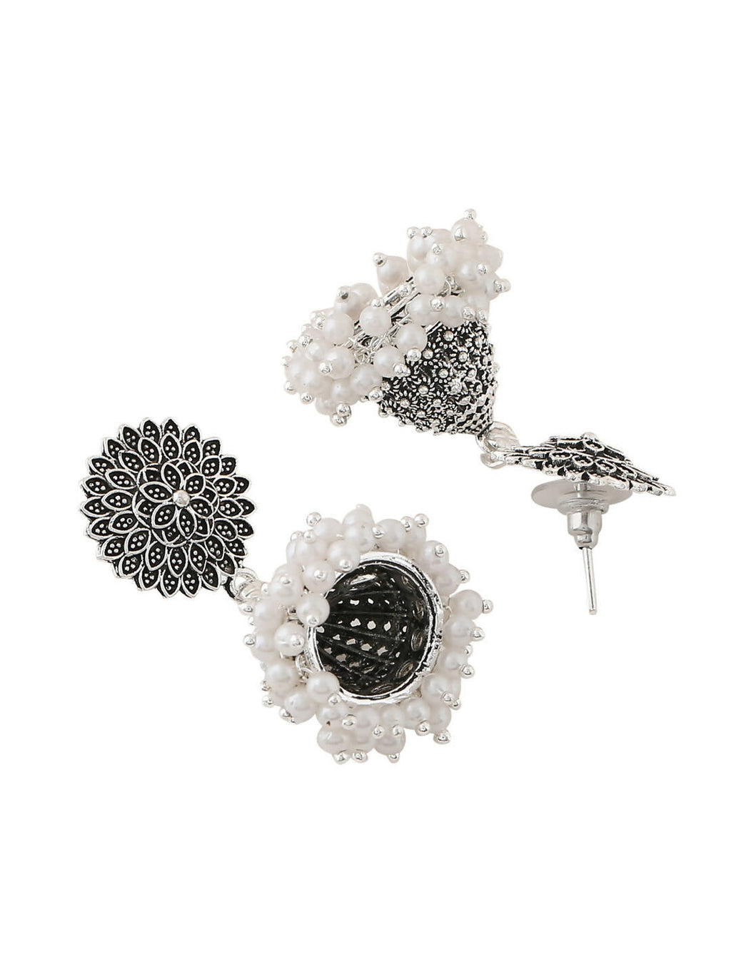 NVR Women Silver Toned Dome Shaped Jhumkas Earrings | Grab2Buy