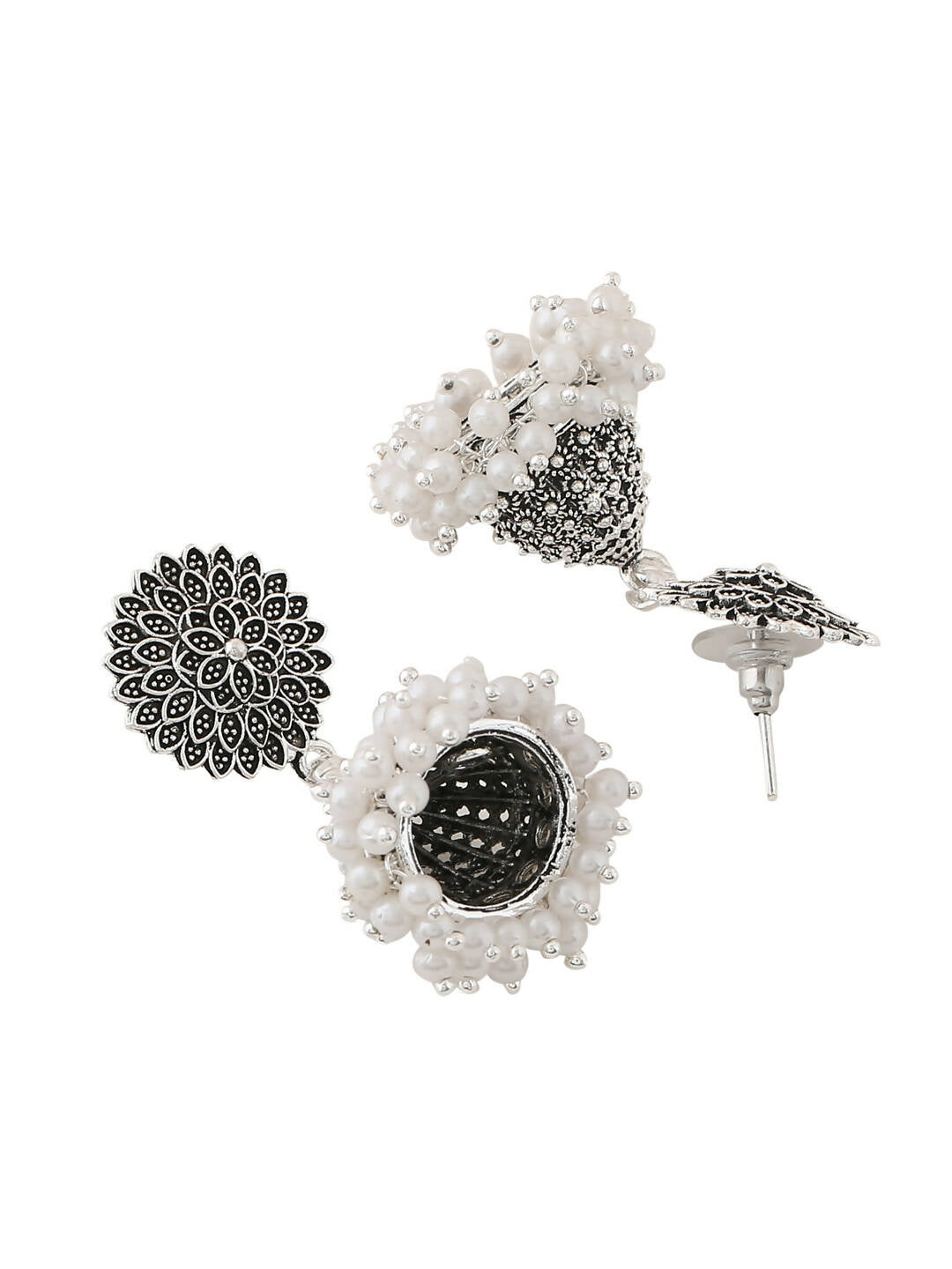 NVR Women Silver Toned Dome Shaped Jhumkas Earrings | Grab2Buy