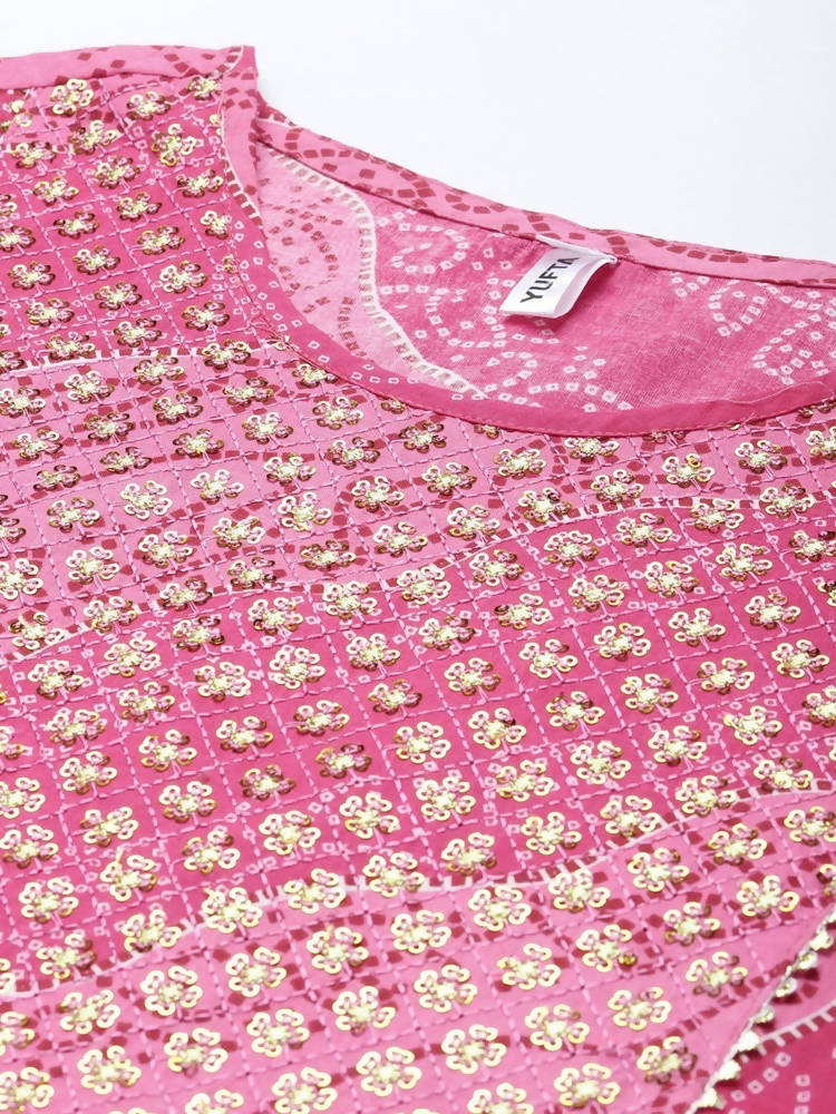 Yufta Women Pink Bandhani Yoke Design Pure Cotton Kurta with Palazzo and Dupatta | Grab2Buy