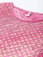 Yufta Women Pink Bandhani Yoke Design Pure Cotton Kurta with Palazzo and Dupatta | Grab2Buy