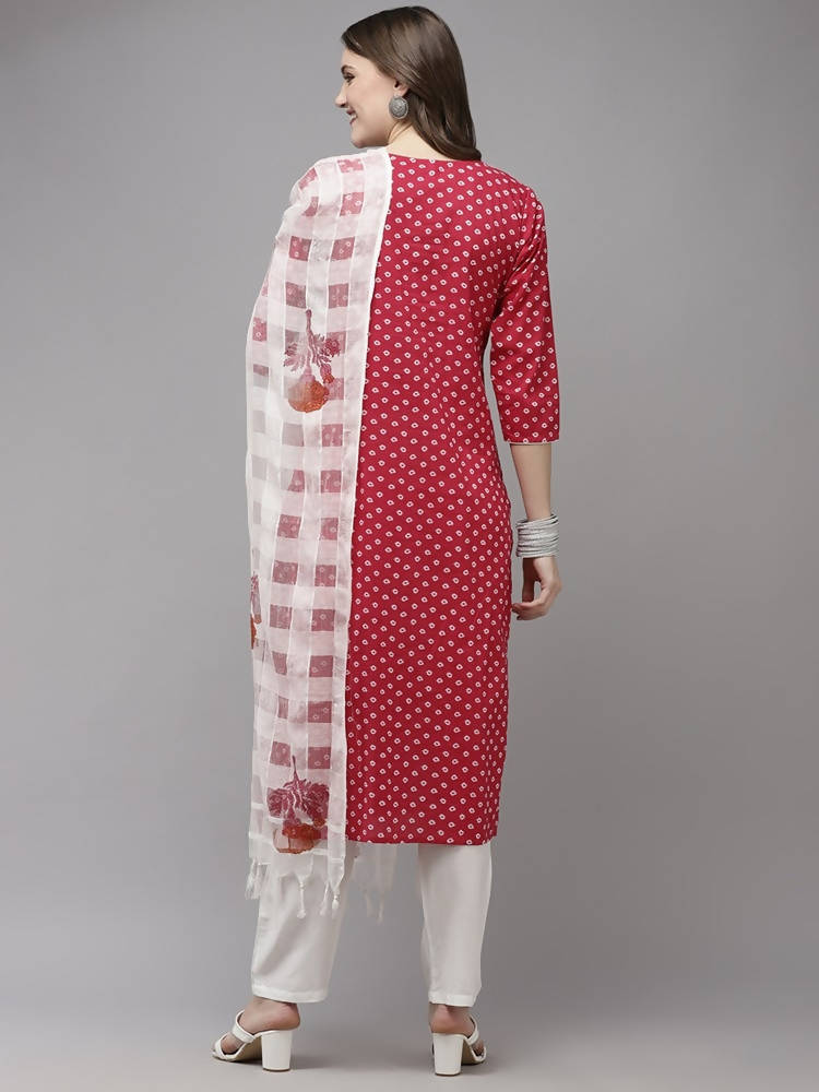 Yufta Women Pink And White Printed Kurta with Trouser & With Dupatta | Grab2Buy