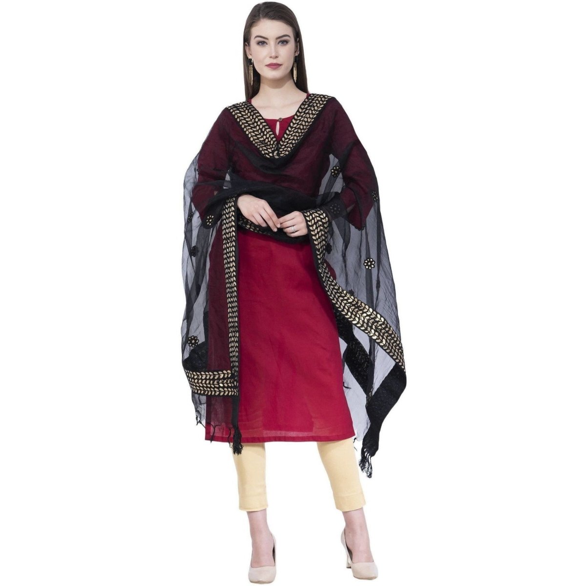 A R Silk Women's Gotta Patti Embroidery Orgenza Cotton Black Dupattas and Chunnis | Grab2Buy