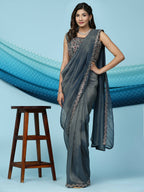 Teal Lycra Shimmer Pattern Ready to Wear Saree with stitched Blouse - Nirvana | Grab2Buy