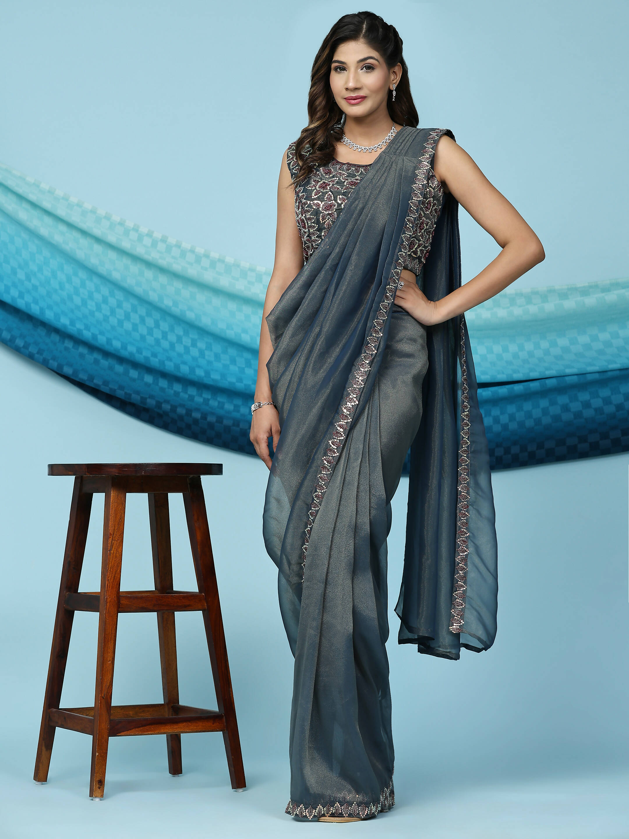 Teal Lycra Shimmer Pattern Ready to Wear Saree with stitched Blouse - Nirvana | Grab2Buy