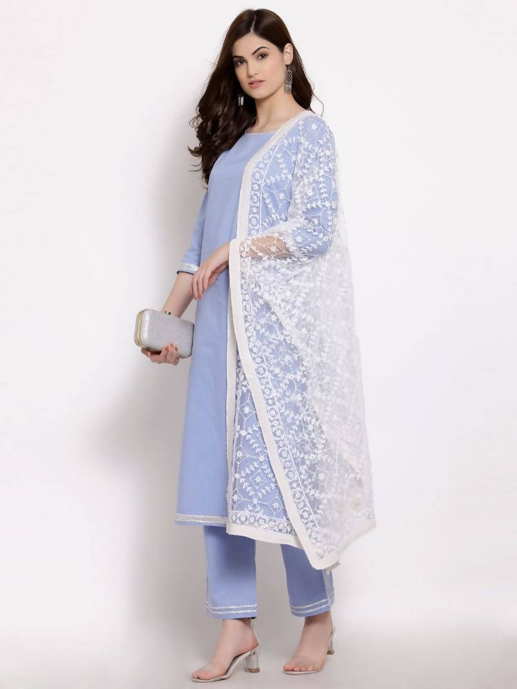 Myshka Beautiful Women's Blue Cotton 3/4 Sleeve Round Neck Solid Casual Kurta Pant Dupatta Set | Grab2Buy