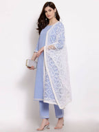 Myshka Beautiful Women's Blue Cotton 3/4 Sleeve Round Neck Solid Casual Kurta Pant Dupatta Set | Grab2Buy