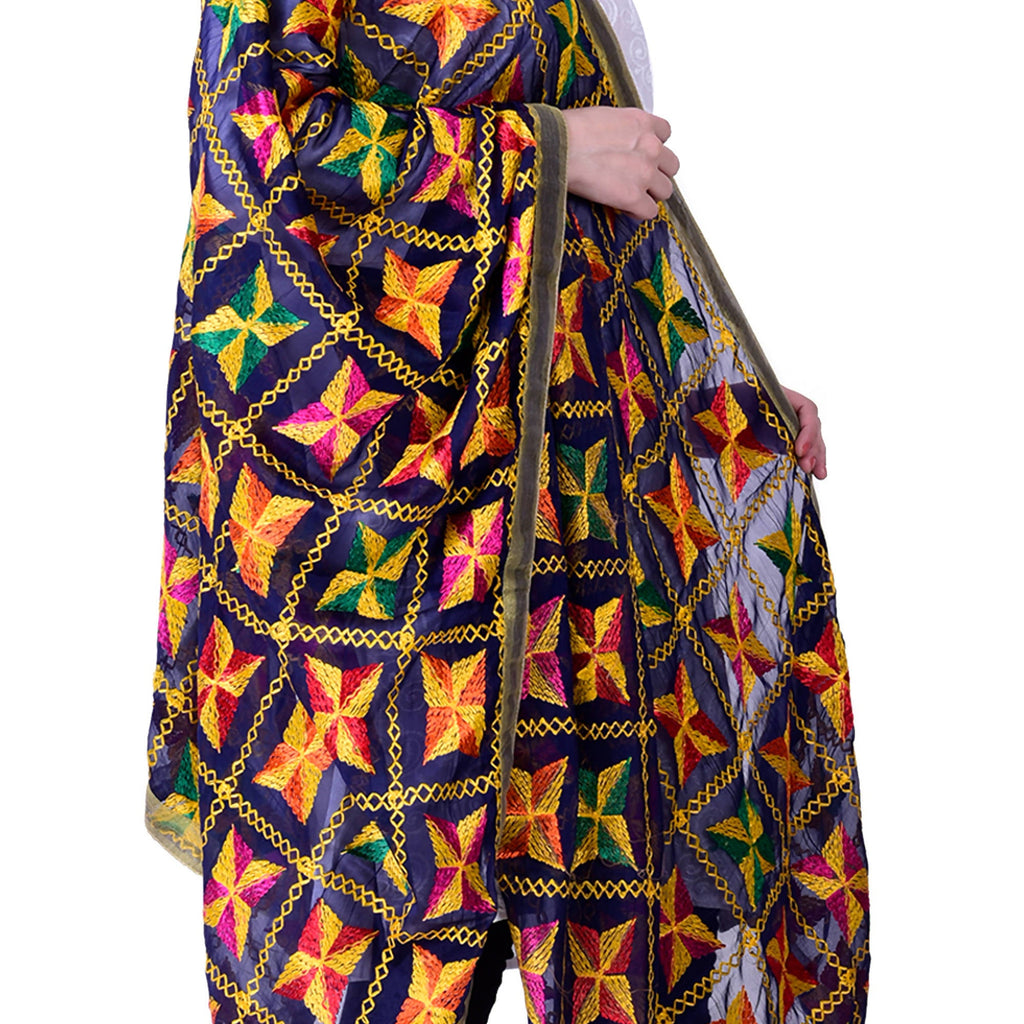 SWI Stylish Women's Embroidered Phulkari Chiffon Navy Blue Dupatta | Grab2Buy