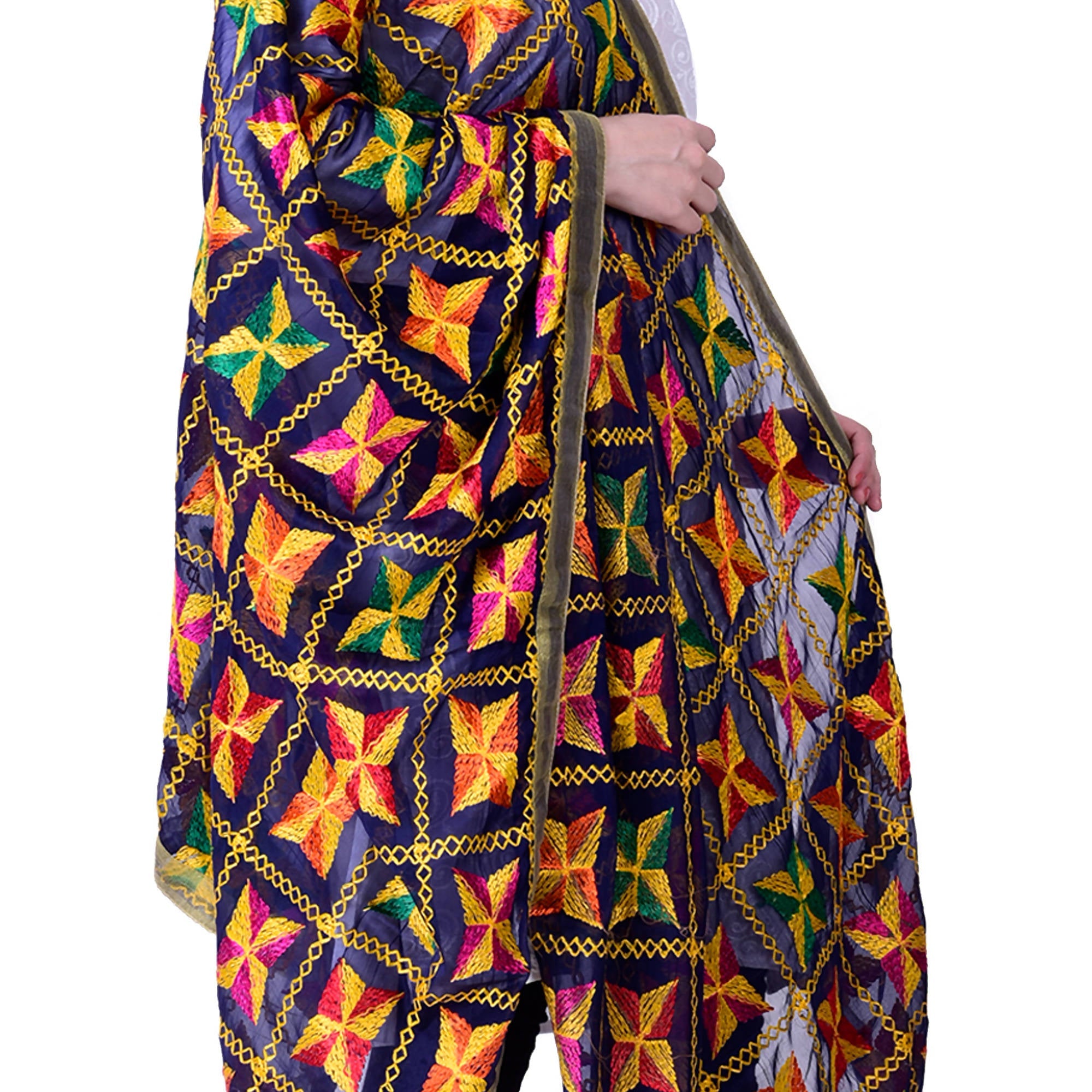 SWI Stylish Women's Embroidered Phulkari Chiffon Navy Blue Dupatta | Grab2Buy