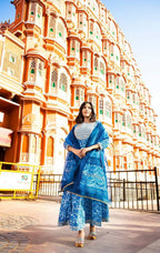 Yufta Women Blue Printed Pure Cotton Anarkali Kurta with Trouser & With Dupatta | Grab2Buy