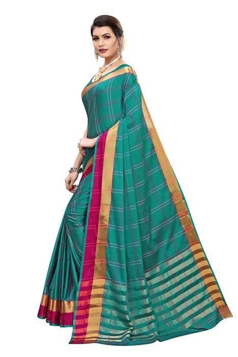 Vamika Rama Cotton Silk Weaving Saree (Rimi Checks Rama) | Grab2Buy