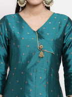 Myshka Women's Green Silk Solid 3/4 Sleeve V Neck Casual Anarkali Kurta Dupatta Set | Grab2Buy