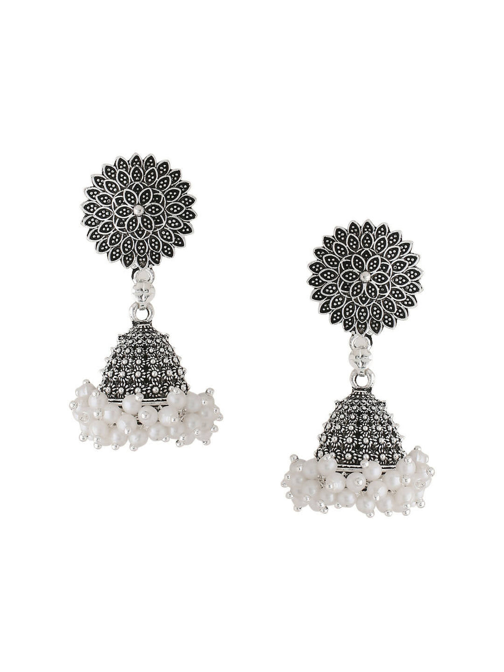 NVR Women Silver Toned Dome Shaped Jhumkas Earrings | Grab2Buy