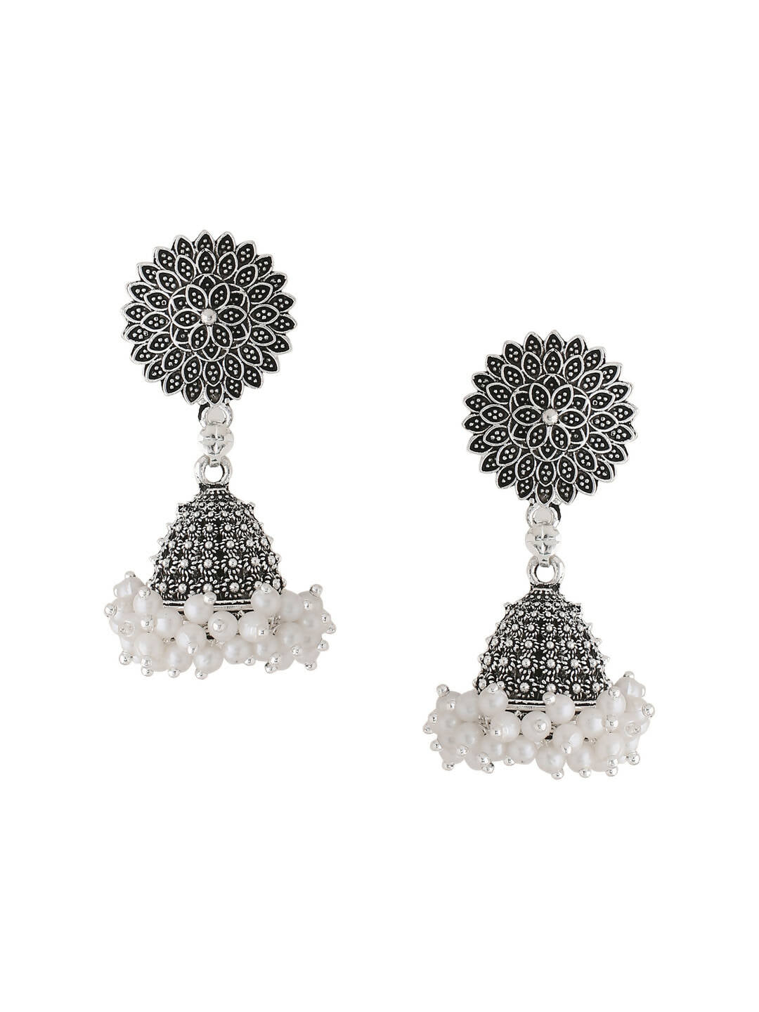 NVR Women Silver Toned Dome Shaped Jhumkas Earrings | Grab2Buy