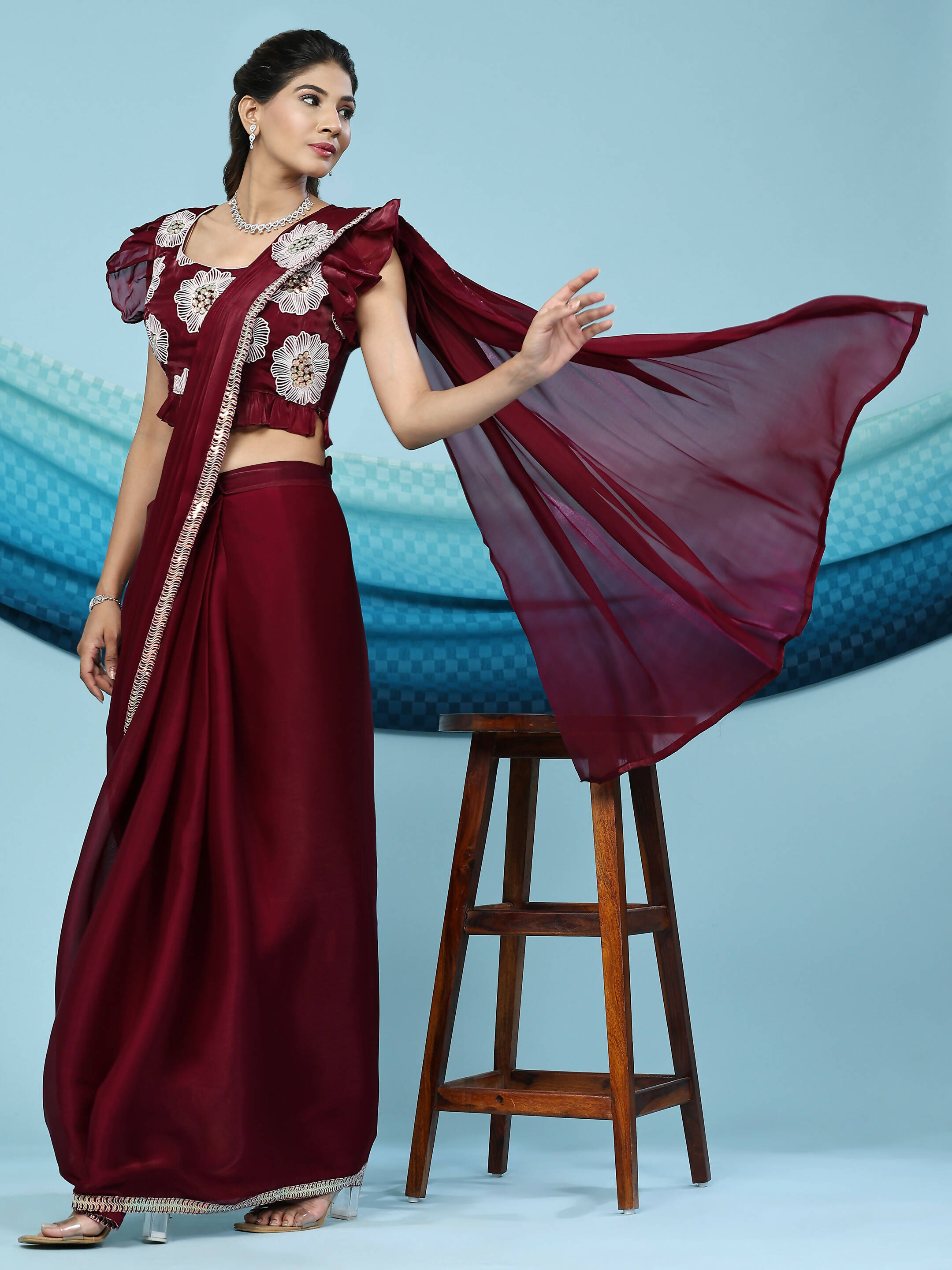 Maroon Silk Satin Sequence Work Ready to Wear Saree with stitched Blouse - Nirvana | Grab2Buy