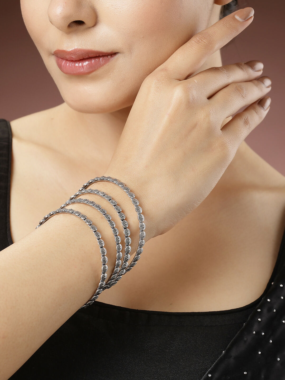NVR Women's Set of 4 Silver-Toned German Silver Oxidised Bangles | Grab2Buy