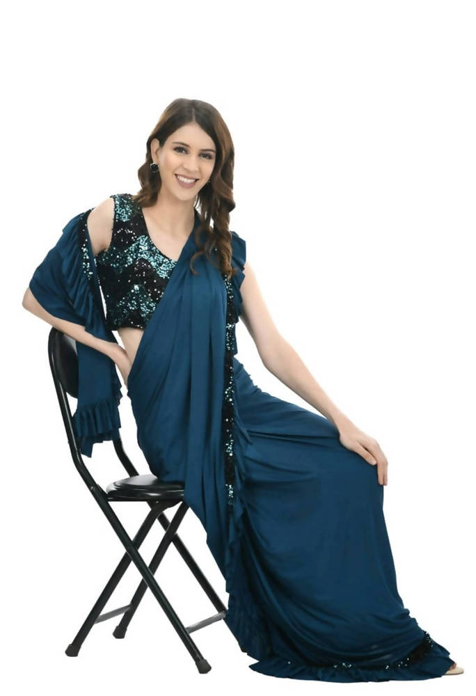 Mominos Fashion All Season Wear Peacock Blue And Black Ruffled Ready To Wear Saree | Grab2Buy