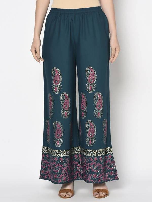 Aniyah Rayon Teal Blue Color Block Print Flared Slip-On Palazzo (AN-222K) | Grab2Buy