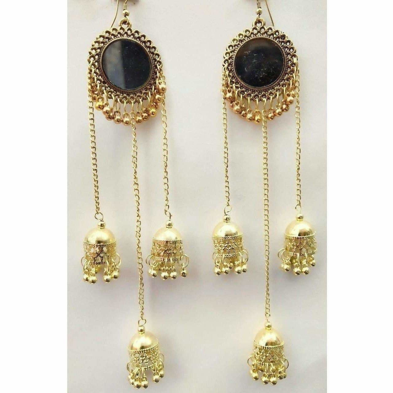 MS Fashion India Gold-Polished Oxidized Mirror Long Hanging Jhumkas Earrings | Grab2Buy