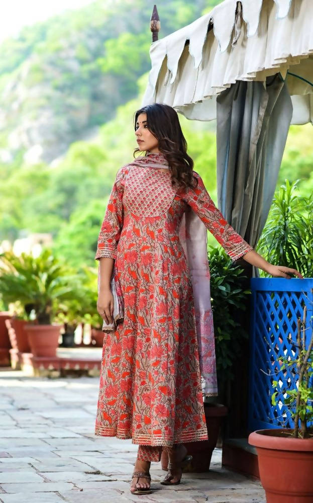 Yufta Women Red Floral Yoke Design Regular Aari Work Pure Cotton Kurta with Trouser & With Dupatta | Grab2Buy
