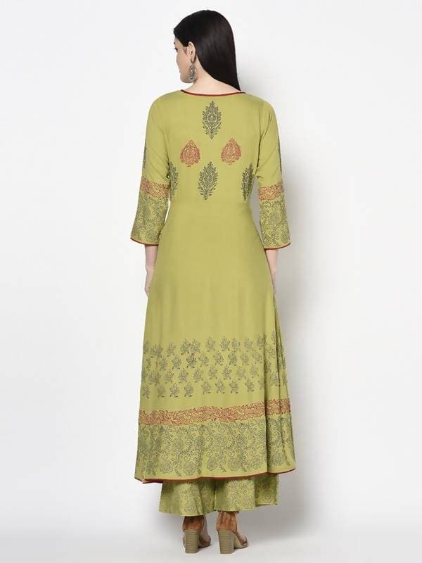 Aniyah Rayon Parrot Green Color Block Print Anarkali Palazzo Set (AN-194K) | Grab2Buy