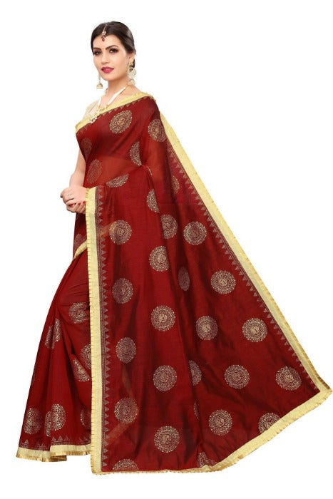 Vamika Chanderi Cotton Foil Print Maroon Saree (GOLDEN BIRD MAROON) | Grab2Buy