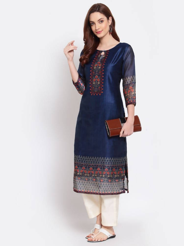 Myshka Women's Navy Blue Printed Chanderi Silk 3/4 Sleeve Round Neck Casual Kurta | Grab2Buy