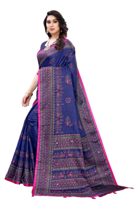 Vamika Navy Mirror Work With Jhalar Khadi Silk Saree (AASHI NAVY) | Grab2Buy