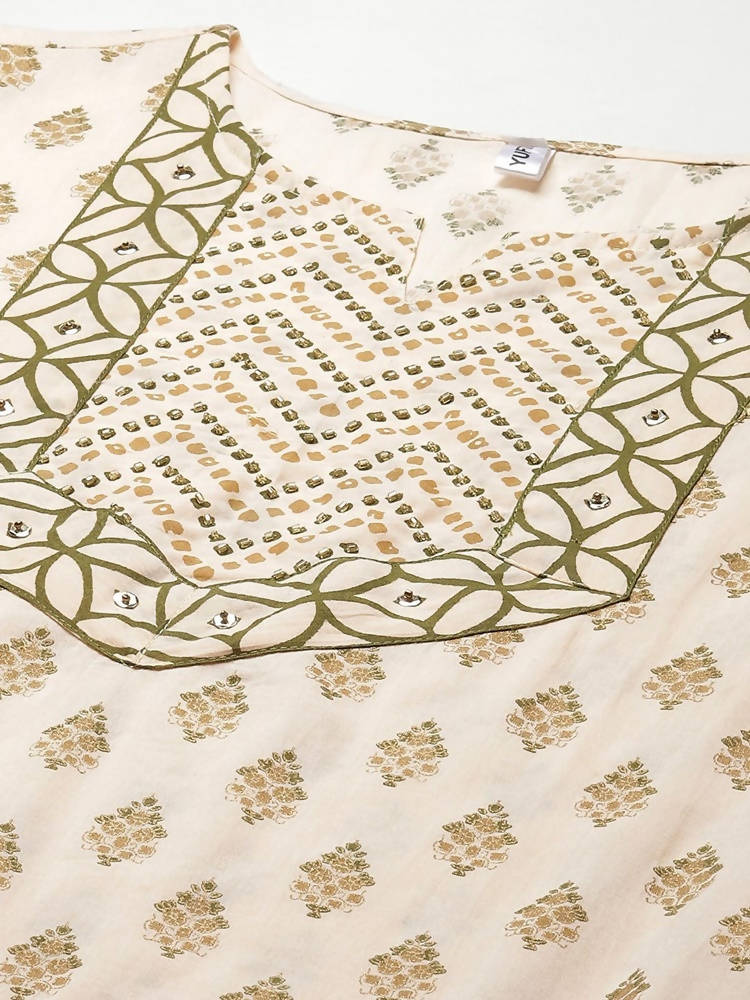 Yufta Women Beige & Green Ethnic Motifs Printed Cotton Kurta with Trouser With Dupatta | Grab2Buy