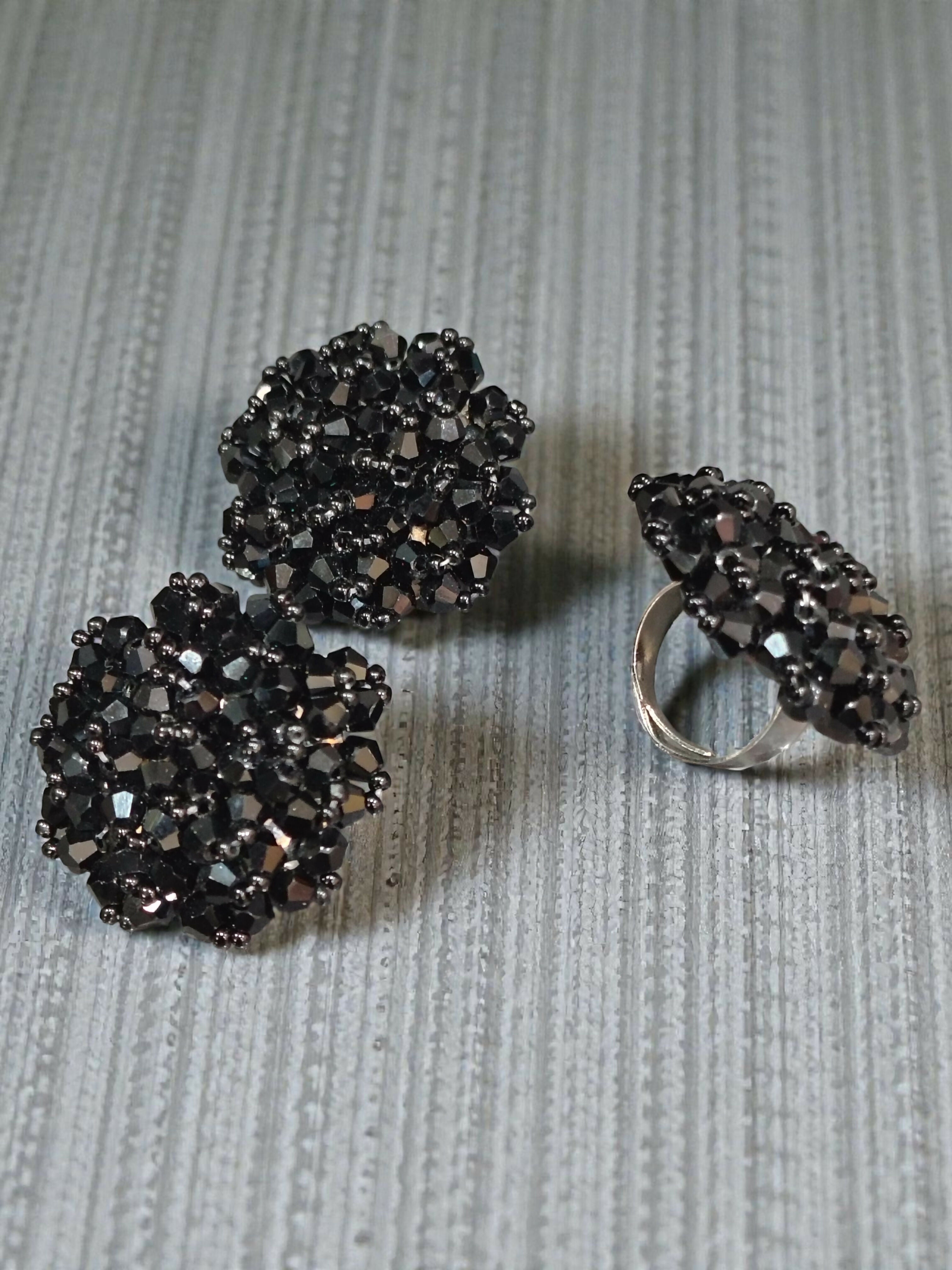 Inhanns Rangmani Crystal Duo – Adjustable Ring + Statement Earrings Set - Black | Grab2Buy
