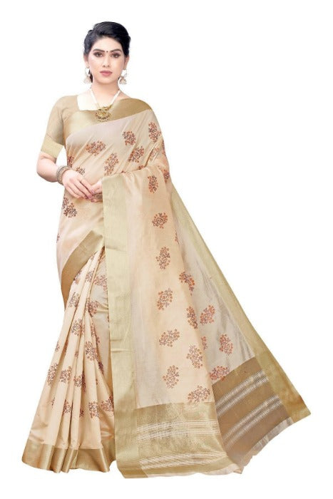 Vamika Cotton Polyester Silk Weaving Cream Saree (Kerala Flower) | Grab2Buy