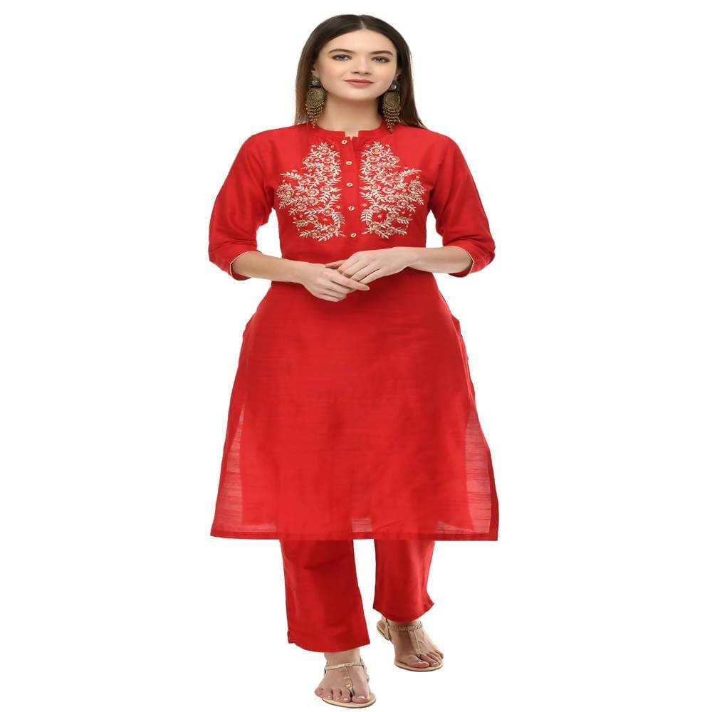 Lagi Women's Red Poly silk Straight Embroidred Kurta & Pant (RO116B) | Grab2Buy