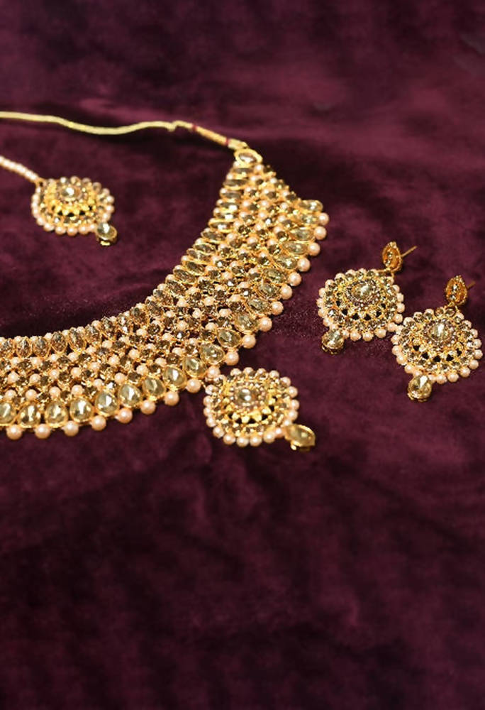 Tehzeeb Creations Stone And Pearl Studded Necklace With Earrings And Tikka | Grab2Buy