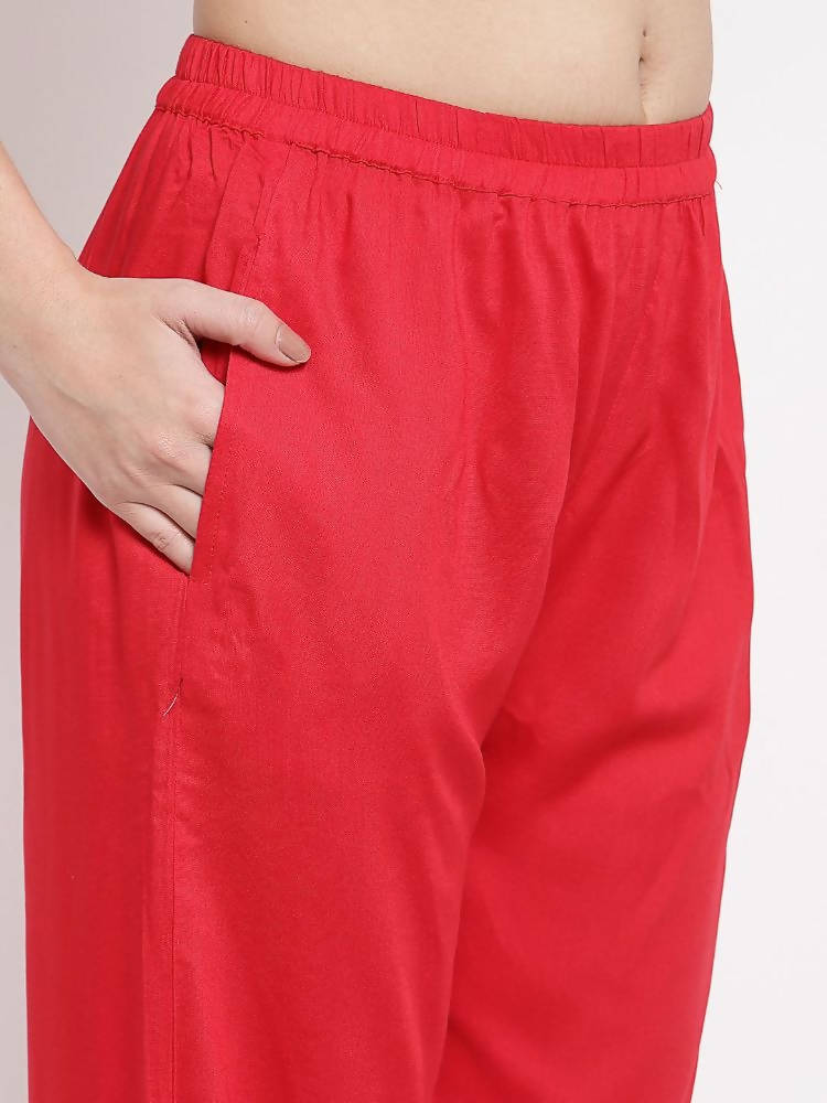 Myshka Women's Latest Red Cotton Solid 3/4 Sleeve Square Neck Casual Kurta Pant Dupatta Set | Grab2Buy