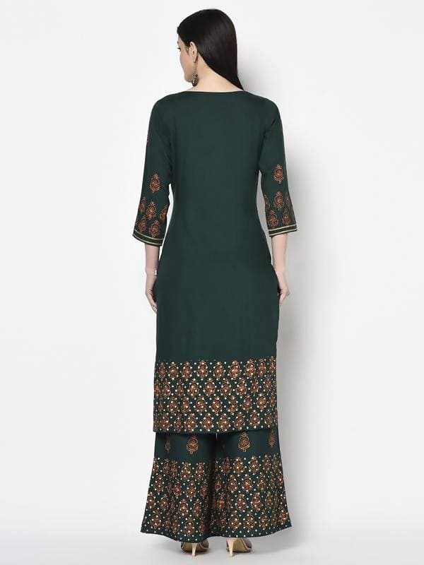 Aniyah Rayon Bottle Green Block Print Straight Kurta (AN-218K) | Grab2Buy