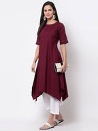 Myshka Women's Pure Cotton 3/4 Sleeve Round Neck Casual Maroon Dress | Grab2Buy