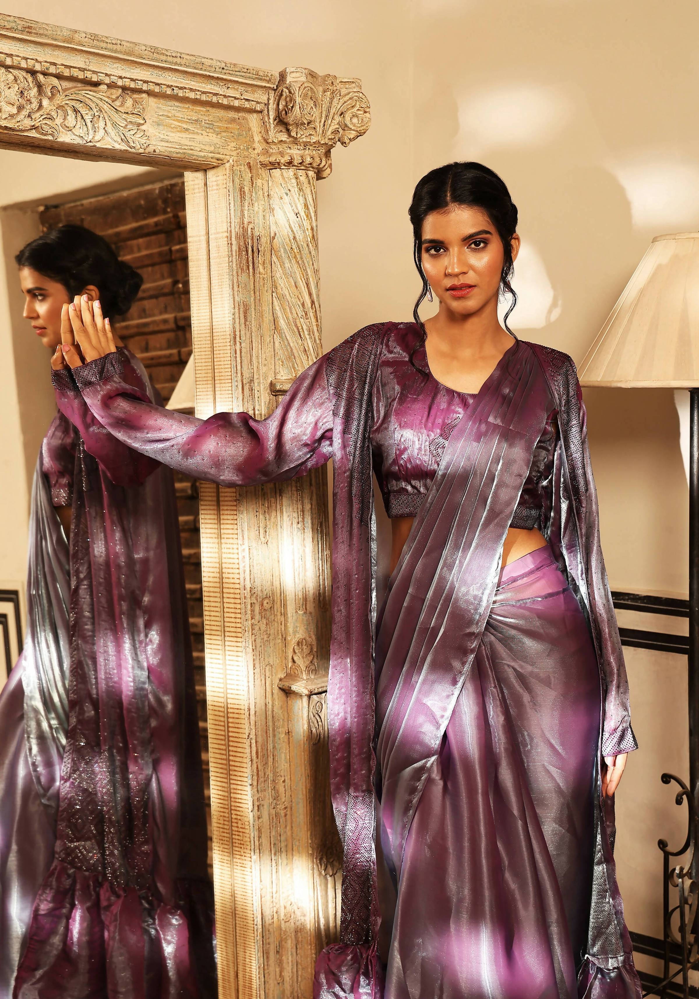 Lavender Tom Silk Plain Ready To Wear Saree With Stitched Blouse - Satiksha | Grab2Buy