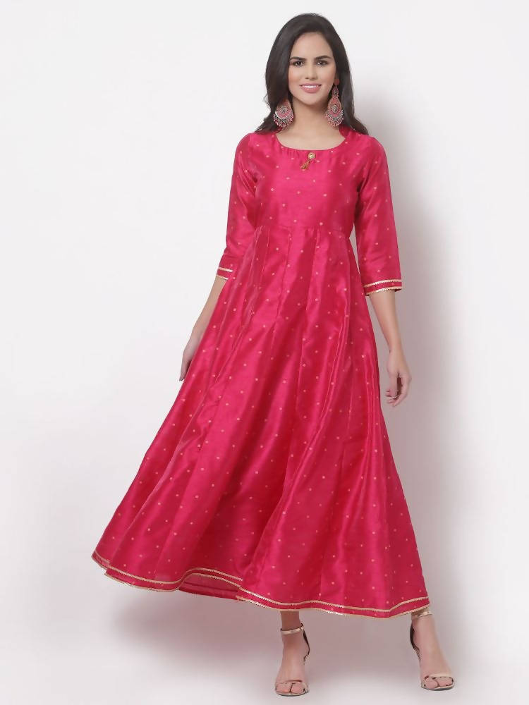 Myshka Women's Pink Silk Solid 3/4 Sleeve Round Neck Casual Anarkali Gown | Grab2Buy