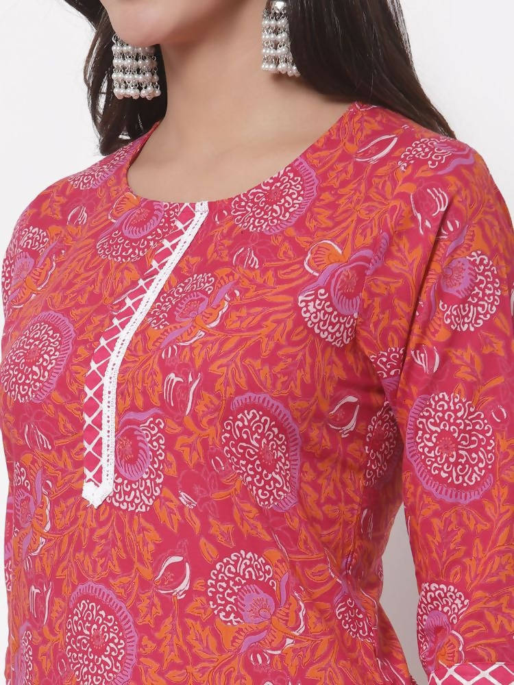 Myshka Women's Cotton Printed 3/4 Sleeve Round Neck Casual Pink Kurta Pant Dupatta Set | Grab2Buy