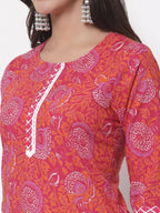 Myshka Women's Cotton Printed 3/4 Sleeve Round Neck Casual Pink Kurta Pant Dupatta Set | Grab2Buy